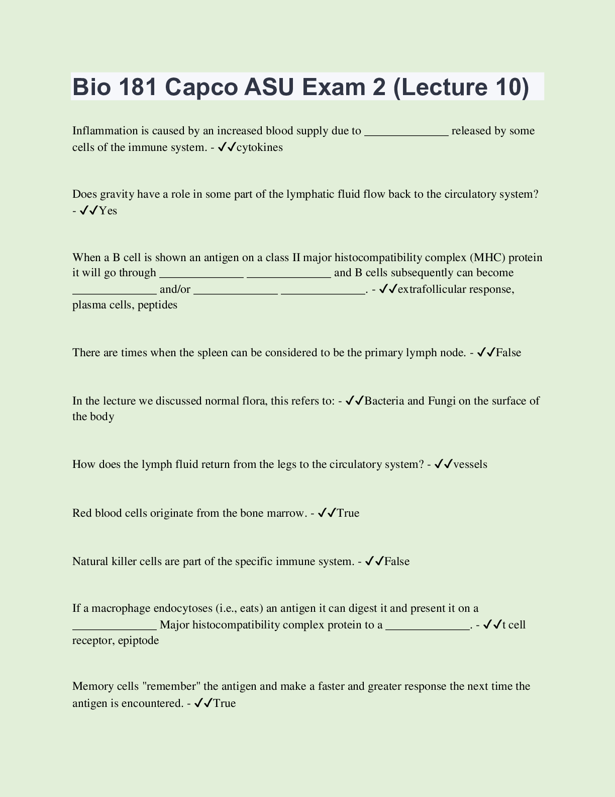 Preview of Bio 181 Capco ASU Exam 2 (Lecture 10) | Questions with 100% Correct Answers | Updated & Ve